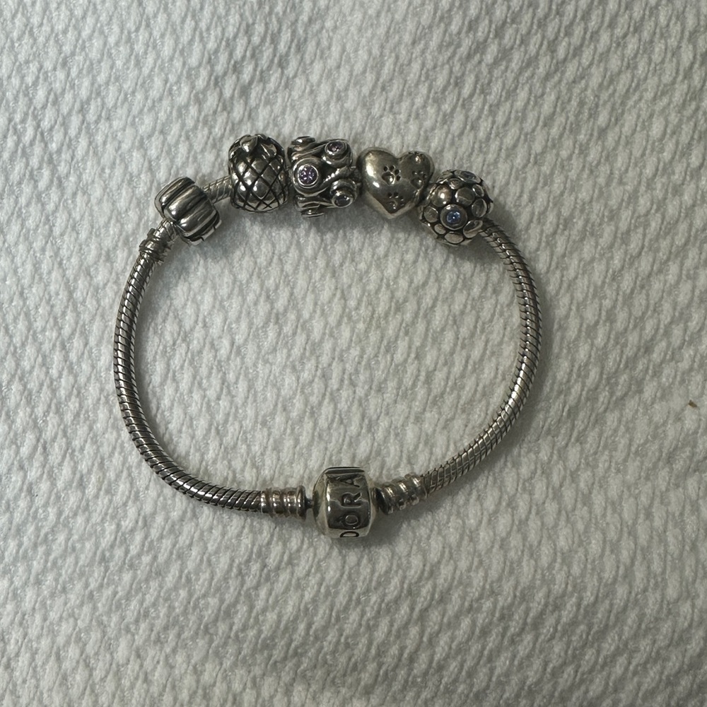 Pandora Moments Snake Chain Bracelet w/ 5 charms